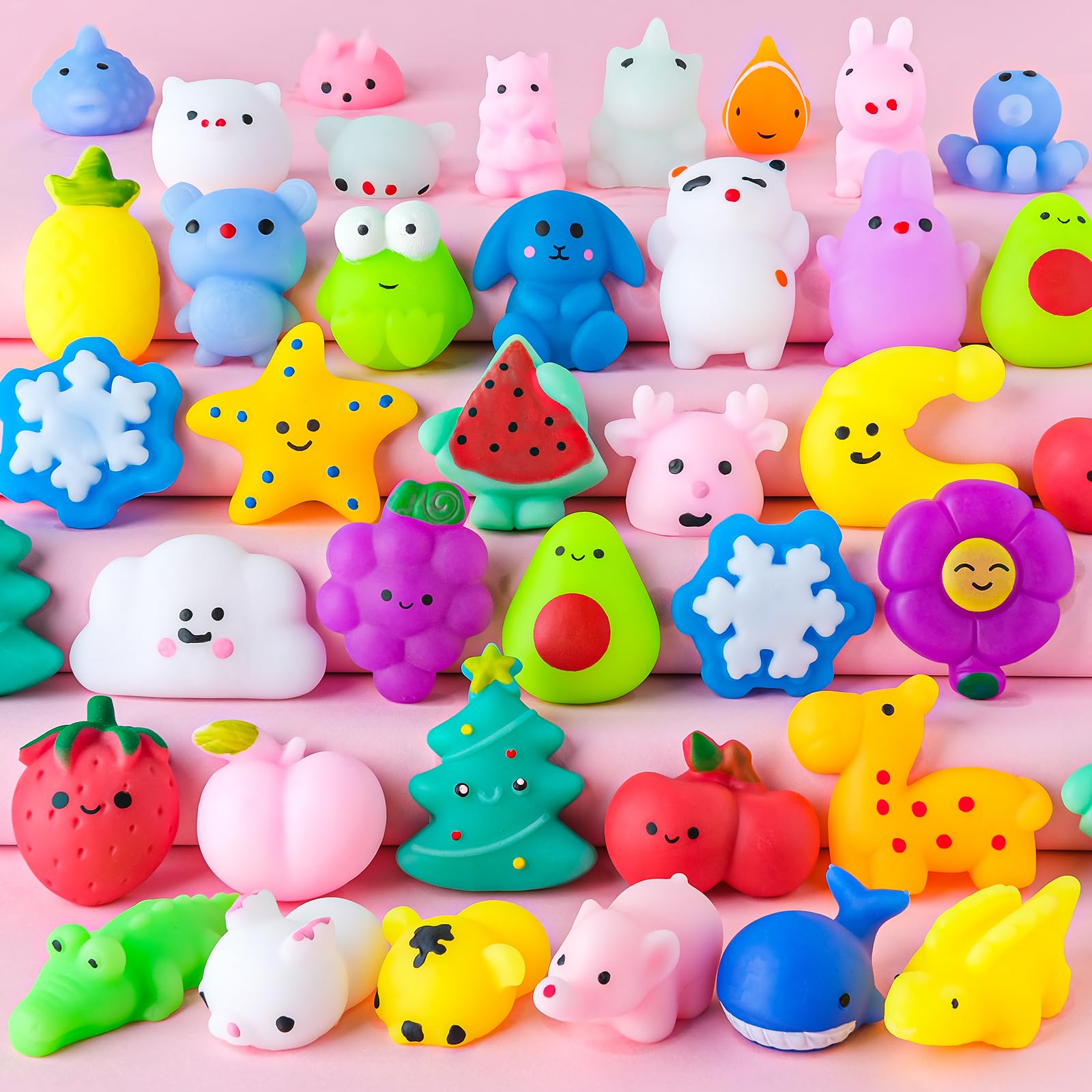 Colorful collection of soft squishy toys shaped like food and animals