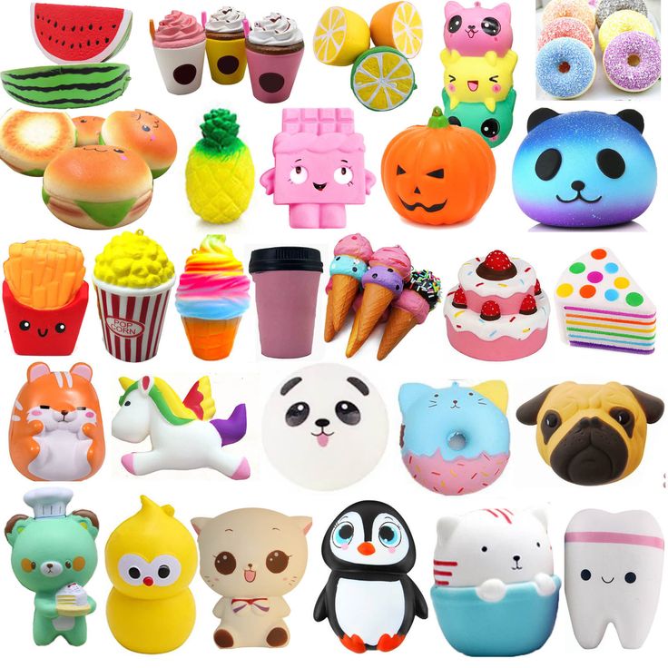 Assorted squishy toys shaped like buns, animals and desserts arranged on a shelf